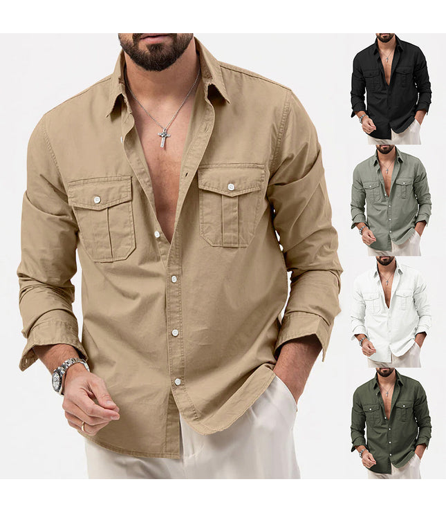 Men's Shirt Multi-pocket Solid Color Casual Long Sleeves Top