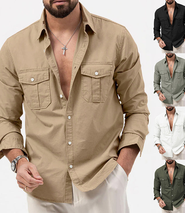 Men's Shirt Multi-pocket Solid Color Casual Long Sleeves Top