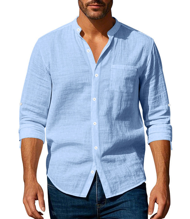 Long Sleeve Stand Collar Shirt With Pockets Casual Men's Clothing