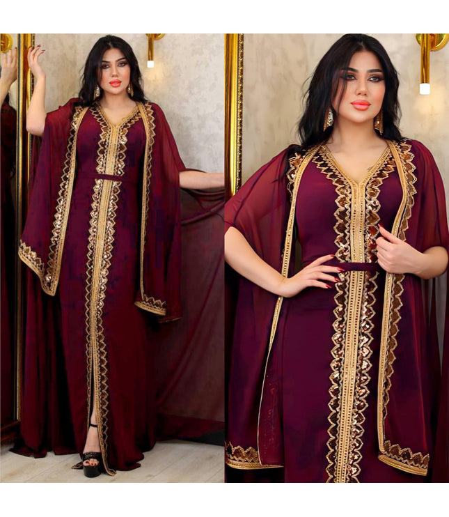 Middle East Muslim Women's Wear Sequined Gown Suit Dress Cape Robe