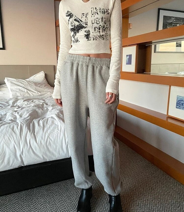 Design Crack Distressed Print Cropped Navel Slim Fit Long Sleeves
