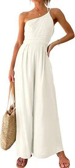 New Solid Color Loose Wide-leg Cotton And Linen Jumpsuit