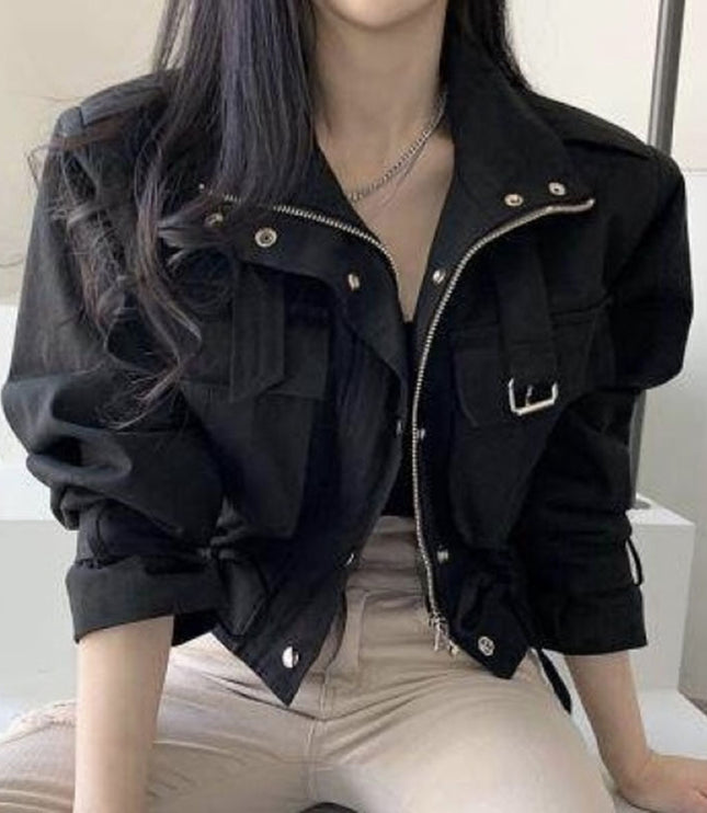 Short Work Jacket With Pocket Drawstring Waist