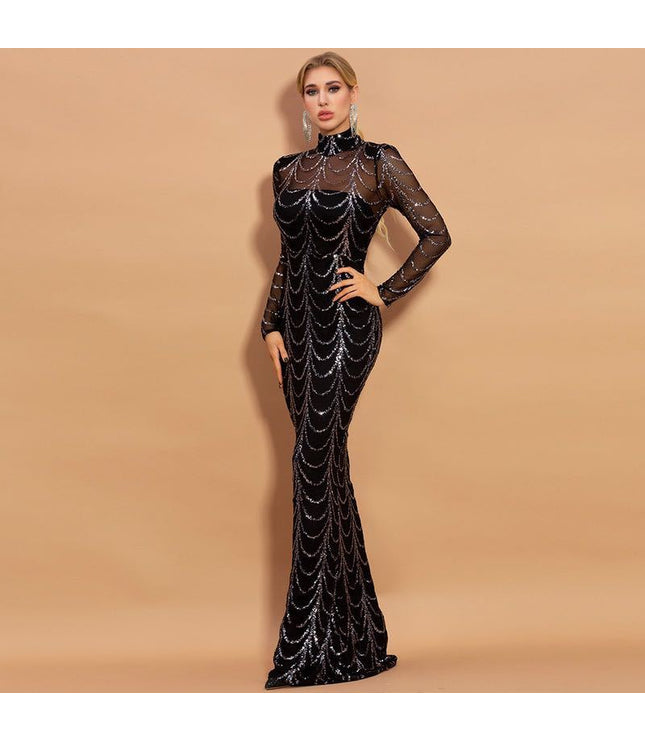 Sequins Women Maxi Dresses Long Sleeve Female Party Dresses