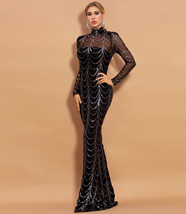 Sequins Women Maxi Dresses Long Sleeve Female Party Dresses