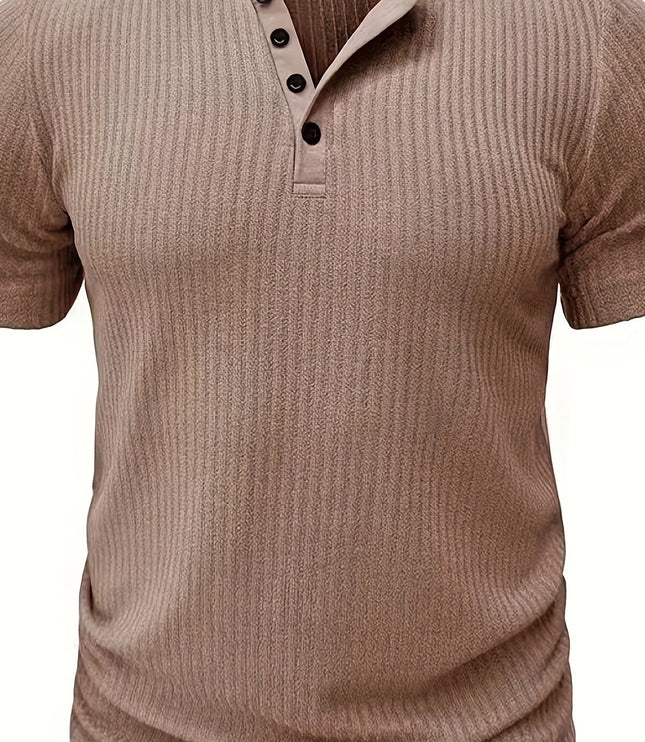 Solid Stripe Pattern Knit Short Sleeve T-shirt With Henley Neck, Chic And Stylish Sports Tops For Men's Summer Leisurewear And Outdoors Activities