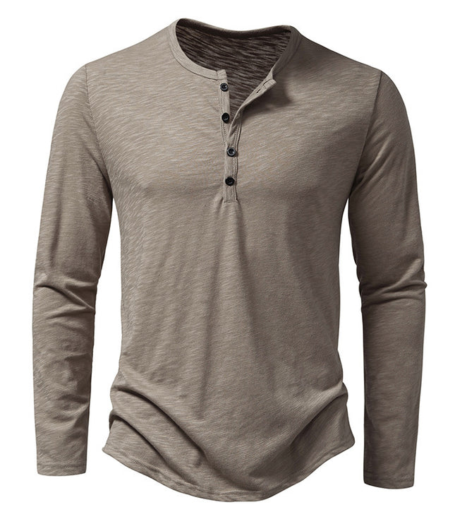 Mens Clothing Long Sleeve T-shirt Fashion Button Henry Collar Tops