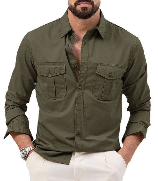 Men's Shirt Multi-pocket Solid Color Casual Long Sleeves Top