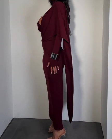 Brown Turtleneck Long-sleeved Slim Dress