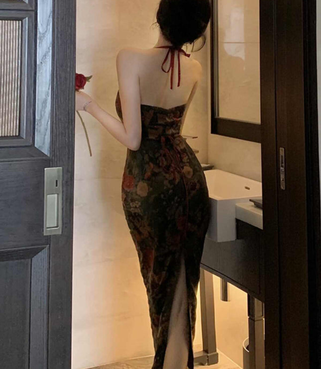 Retro Halter Floral Tube Top Dress Back Slit High Waist Midi Skirt