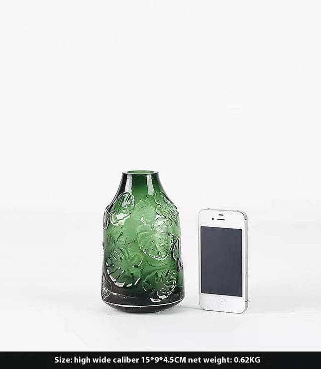 Embossed Green Glass Vase – Vintage-Inspired Elegance