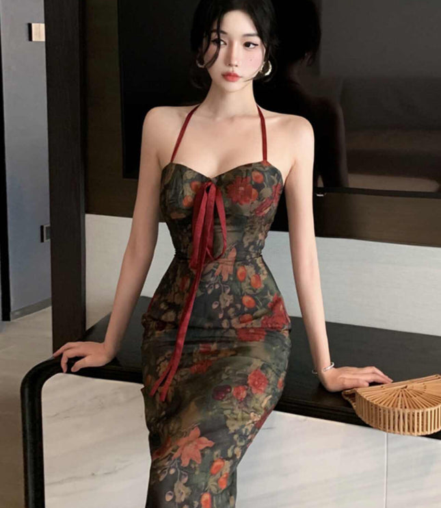 Retro Halter Floral Tube Top Dress Back Slit High Waist Midi Skirt