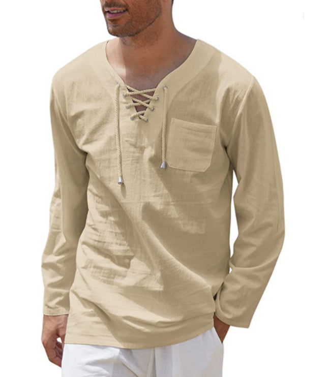 Men's Fashion Casual Lace Up Long Sleeve Shirt
