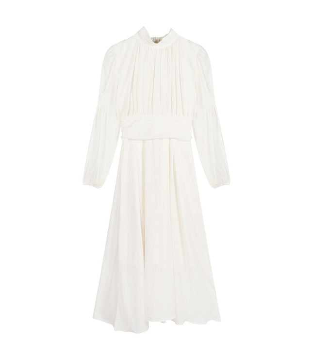 French White Half-high Collar Long Sleeves Dress