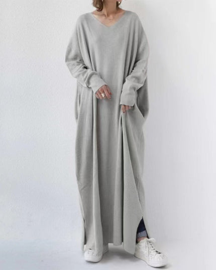 Women's Knitted Long Sleeve V-neck Swing Type Dress