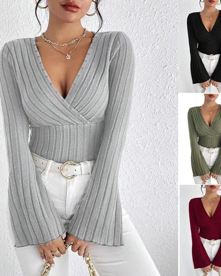 Women's Autumn And Winter Rib Sunken Stripe V-neck Flared Slim-fit Long Sleeve T-shirt Elegant Women's Top