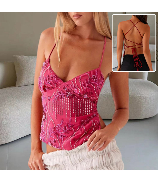 Y2K Dopamine-colored Bandeau Sling Tops Summer V-neck Flower Beaded Backless Vest For Women