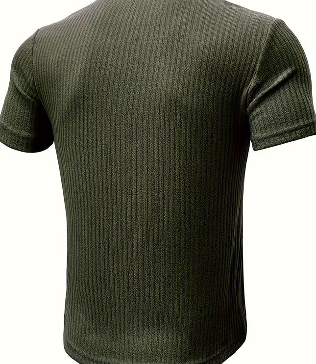 Solid Stripe Pattern Knit Short Sleeve T-shirt With Henley Neck, Chic And Stylish Sports Tops For Men's Summer Leisurewear And Outdoors Activities