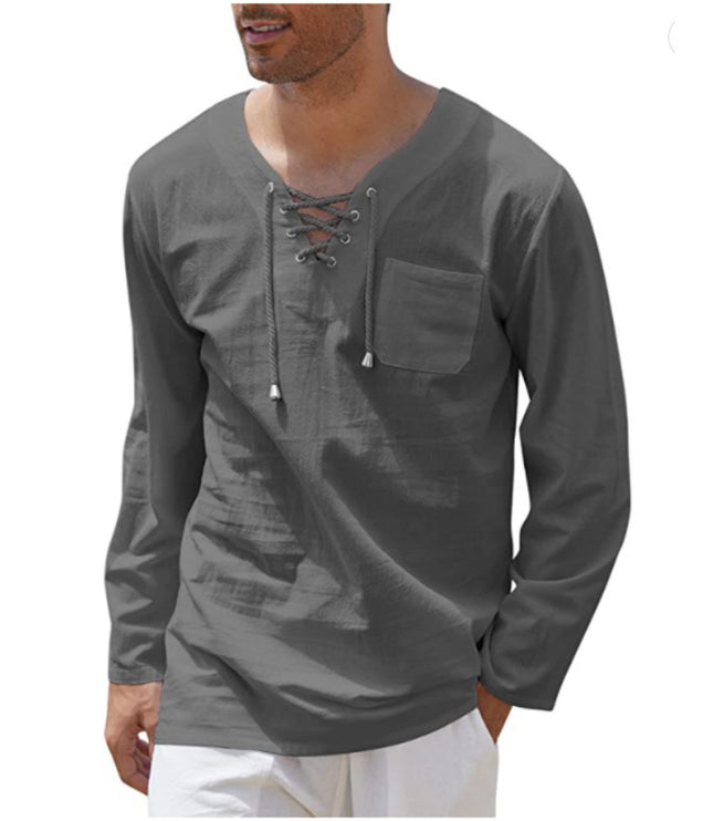 Men's Fashion Casual Lace Up Long Sleeve Shirt
