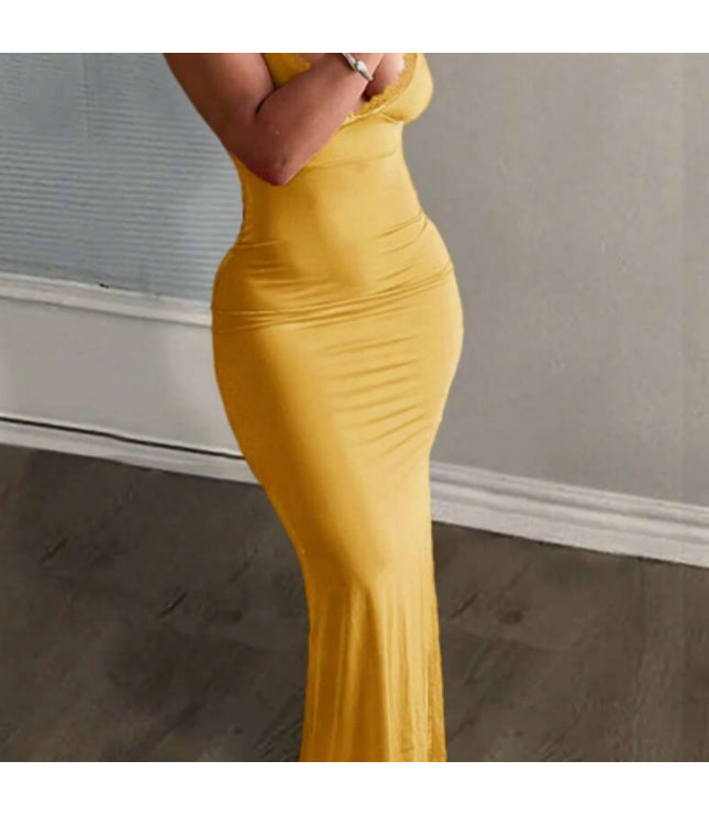 Elegant Spaghetti Strap Fitted Fuchsia Long Low-Cut Lace Trim Dress For Women