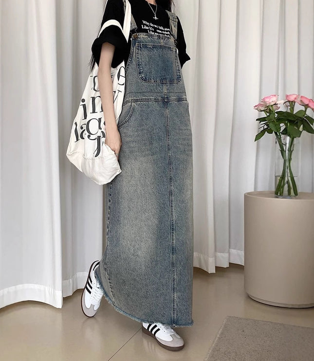 All-matching Retro Anti-aging Sleeveless Strap Dress Women's Spring And Summer Leisure Loose Slimming And Straight Denim Long Skirts