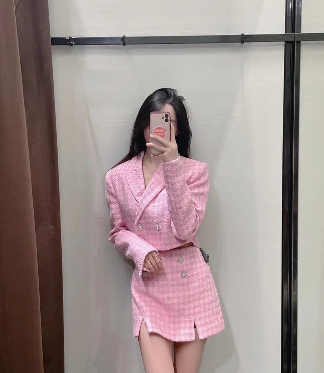 Houndstooth Texture Casual Suit Jacket Textured Culottes Suit For Women