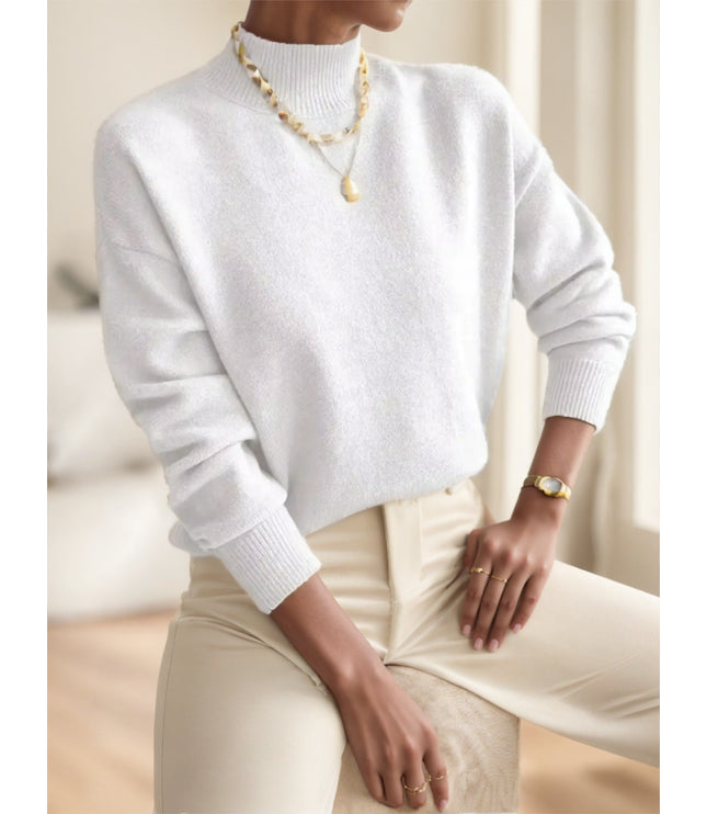 A Solid-color Long-sleeved Top With A High Neckline For Ladies
