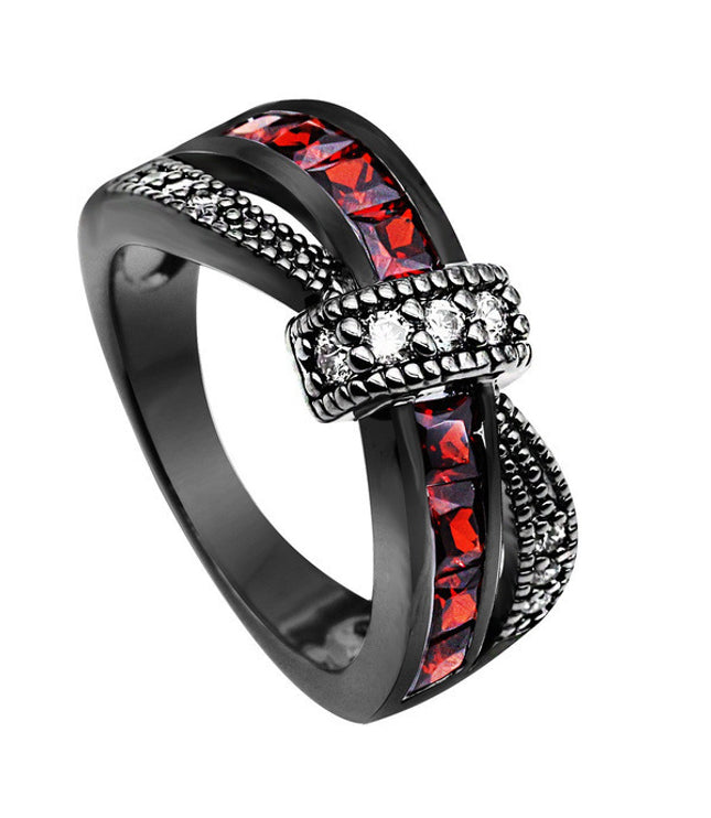 New Black Gold Garnet Red Cross Zircon Ring