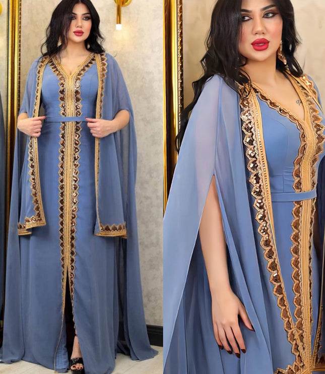 Middle East Muslim Women's Wear Sequined Gown Suit Dress Cape Robe