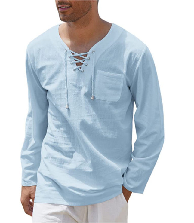 Men's Fashion Casual Lace Up Long Sleeve Shirt