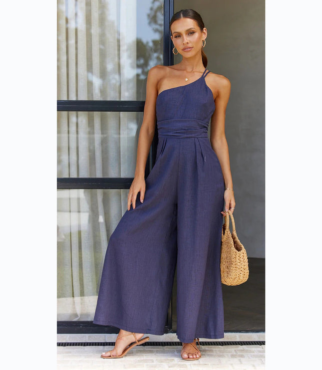 New Solid Color Loose Wide-leg Cotton And Linen Jumpsuit