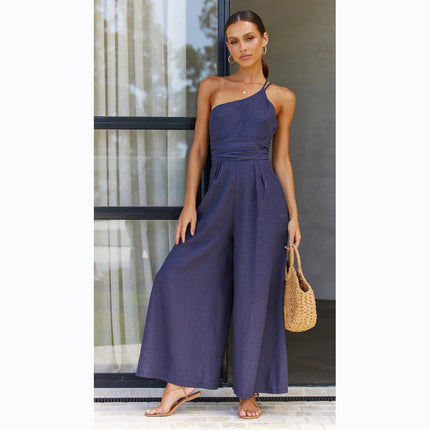 New Solid Color Loose Wide-leg Cotton And Linen Jumpsuit
