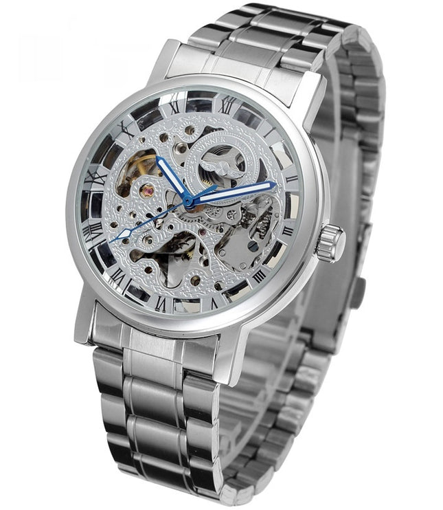 Winner Round Hollow Transparent Mechanical Steel Strap Watch
