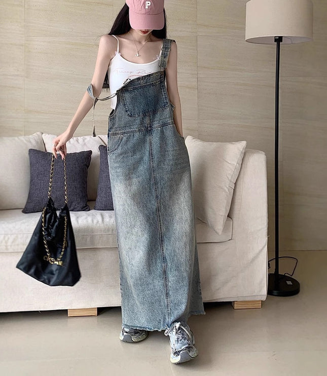 All-matching Retro Anti-aging Sleeveless Strap Dress Women's Spring And Summer Leisure Loose Slimming And Straight Denim Long Skirts