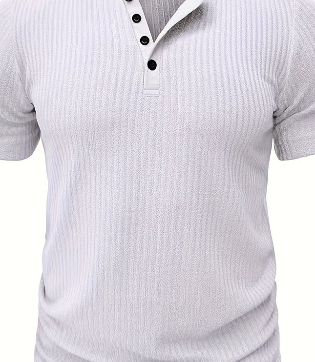 Solid Stripe Pattern Knit Short Sleeve T-shirt With Henley Neck, Chic And Stylish Sports Tops For Men's Summer Leisurewear And Outdoors Activities