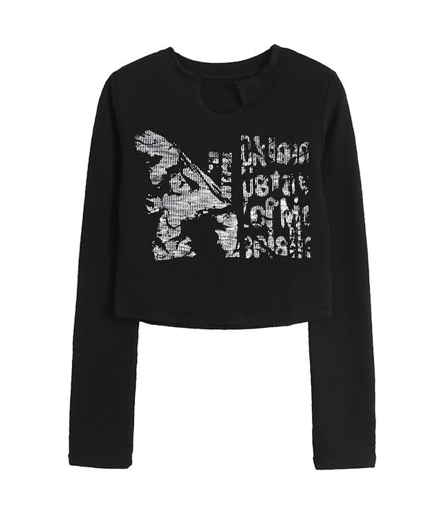 Design Crack Distressed Print Cropped Navel Slim Fit Long Sleeves