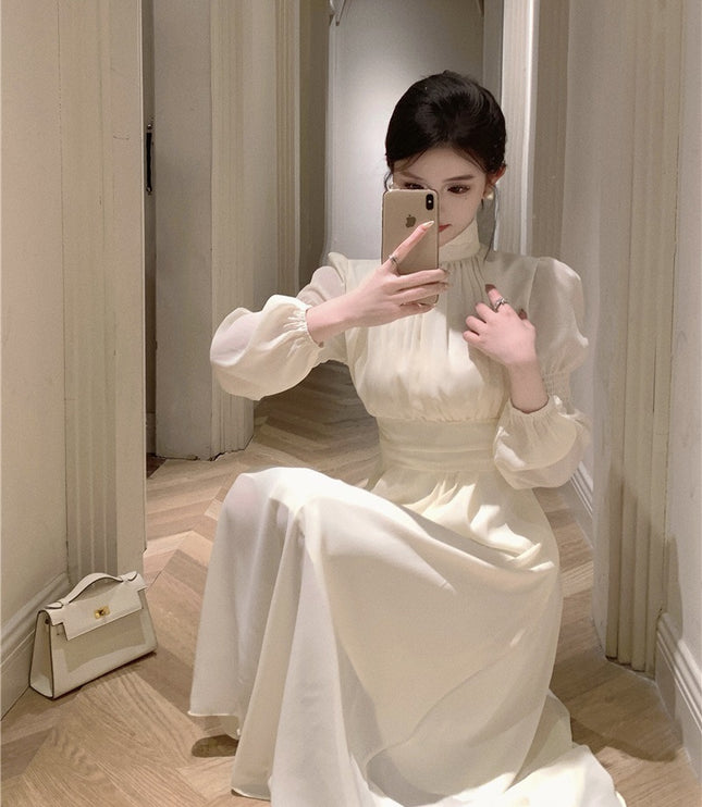 French White Half-high Collar Long Sleeves Dress