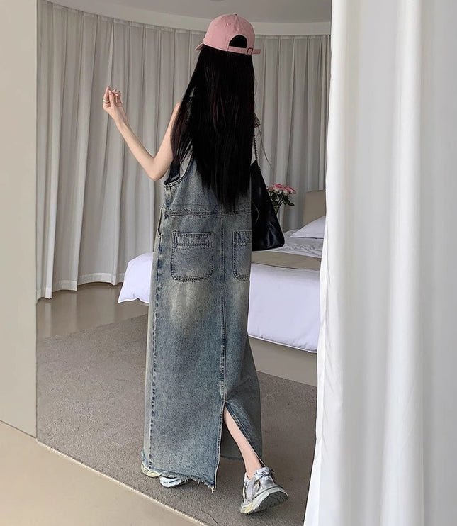All-matching Retro Anti-aging Sleeveless Strap Dress Women's Spring And Summer Leisure Loose Slimming And Straight Denim Long Skirts