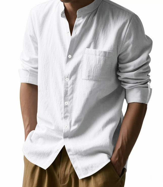 Long Sleeve Stand Collar Shirt With Pockets Casual Men's Clothing