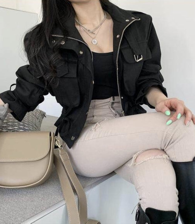 Short Work Jacket With Pocket Drawstring Waist