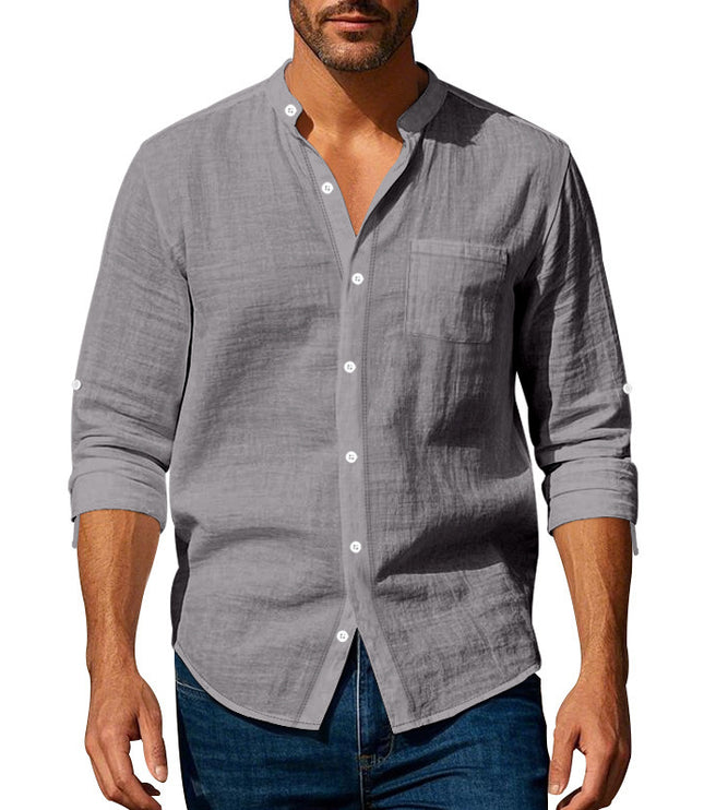 Long Sleeve Stand Collar Shirt With Pockets Casual Men's Clothing