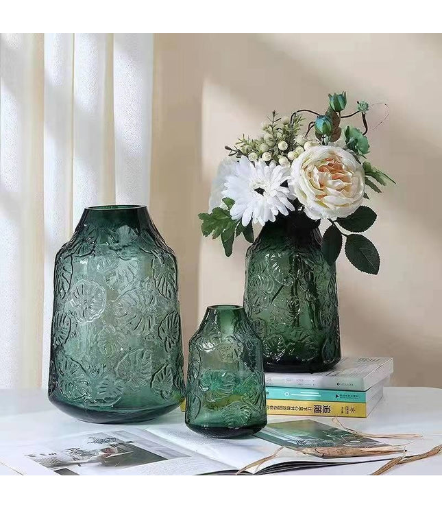 Embossed Green Glass Vase – Vintage-Inspired Elegance
