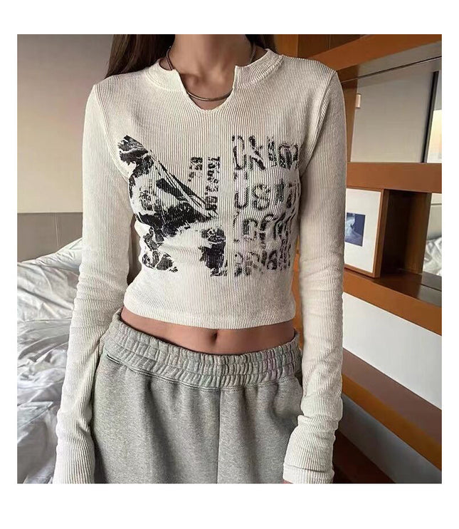 Design Crack Distressed Print Cropped Navel Slim Fit Long Sleeves