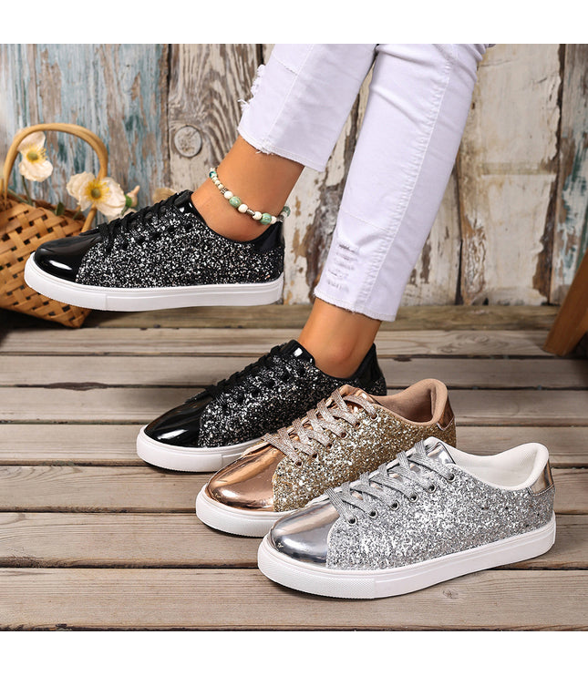 Plus Size Sequined Front Lace-up Solid Color Plus Size Board Shoes