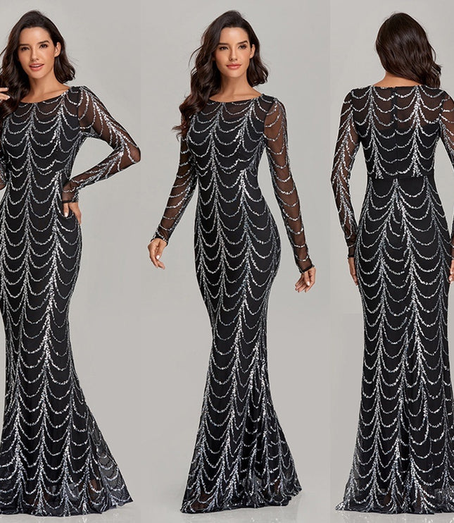 Sequins Women Maxi Dresses Long Sleeve Female Party Dresses