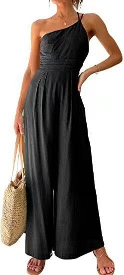 New Solid Color Loose Wide-leg Cotton And Linen Jumpsuit