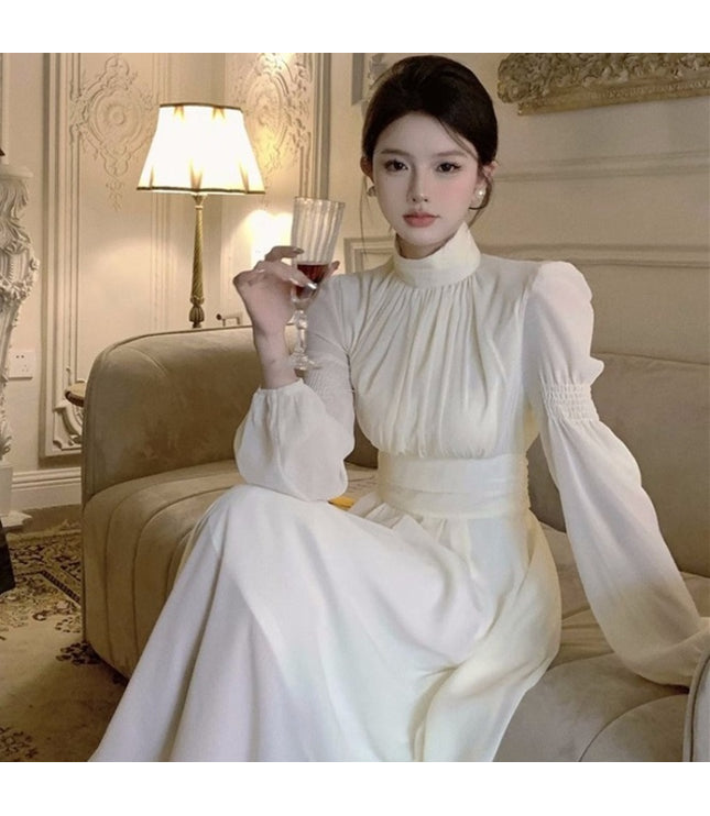 French White Half-high Collar Long Sleeves Dress