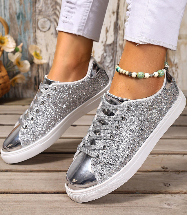 Plus Size Sequined Front Lace-up Solid Color Plus Size Board Shoes