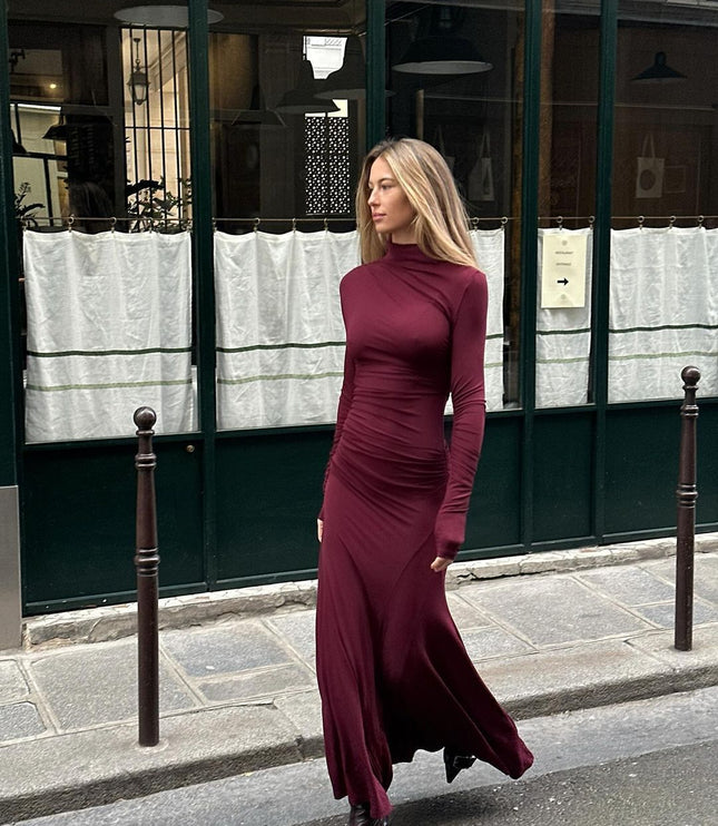 Elegant Slim Fit Half-high Collar Long Sleeves Hip Long Dress