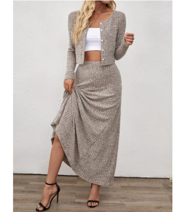 Oriented Fashion Elegant Autumn-Winter New Long-Sleeve Flared Skirt Button-Up Round Neck Cardigan Short Solid Color Goddess Soft Temperament Midi Dress Set